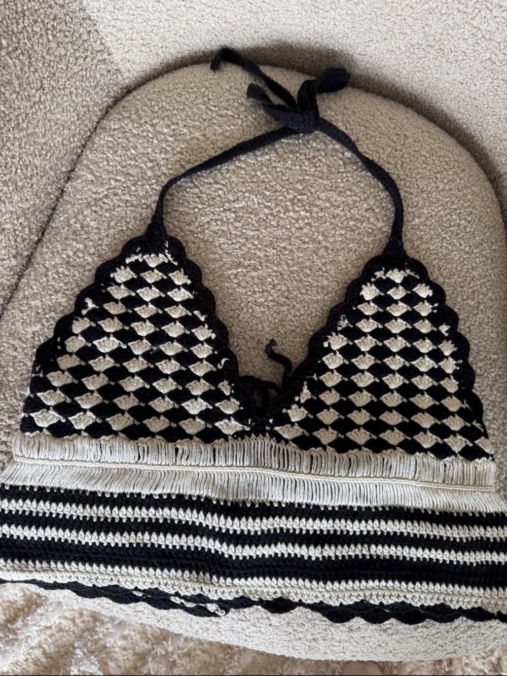 Crochet Knit Halter Bralette Black Cream Striped Boho Festival Top
